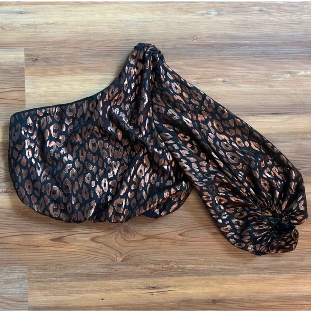 Anthropologie Do + Be Metallic Leopard One Shoulder Balloon Sleeve Top S NWOT - Picture 3 of 6